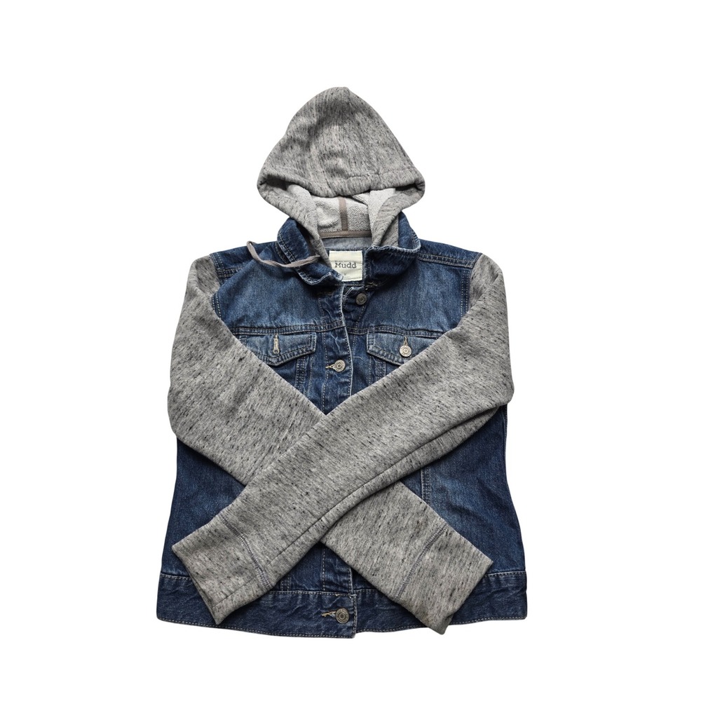 Mudd Kids Denim Jacket Gray Fleece Hooded Sleeves Trucker Blue Medium Y2K Style